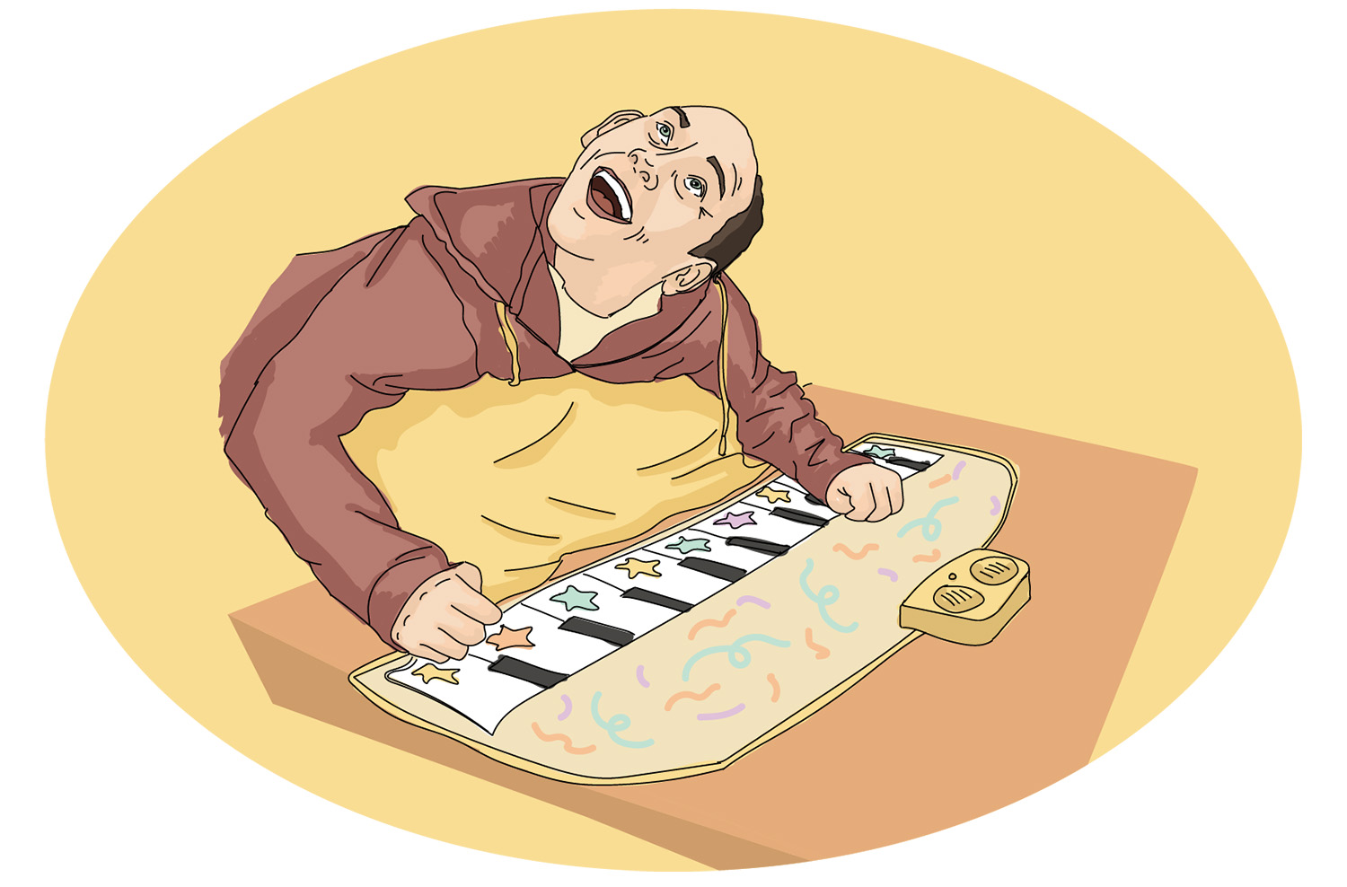 A cartoon illustration of a smiling person playing a floor piano.