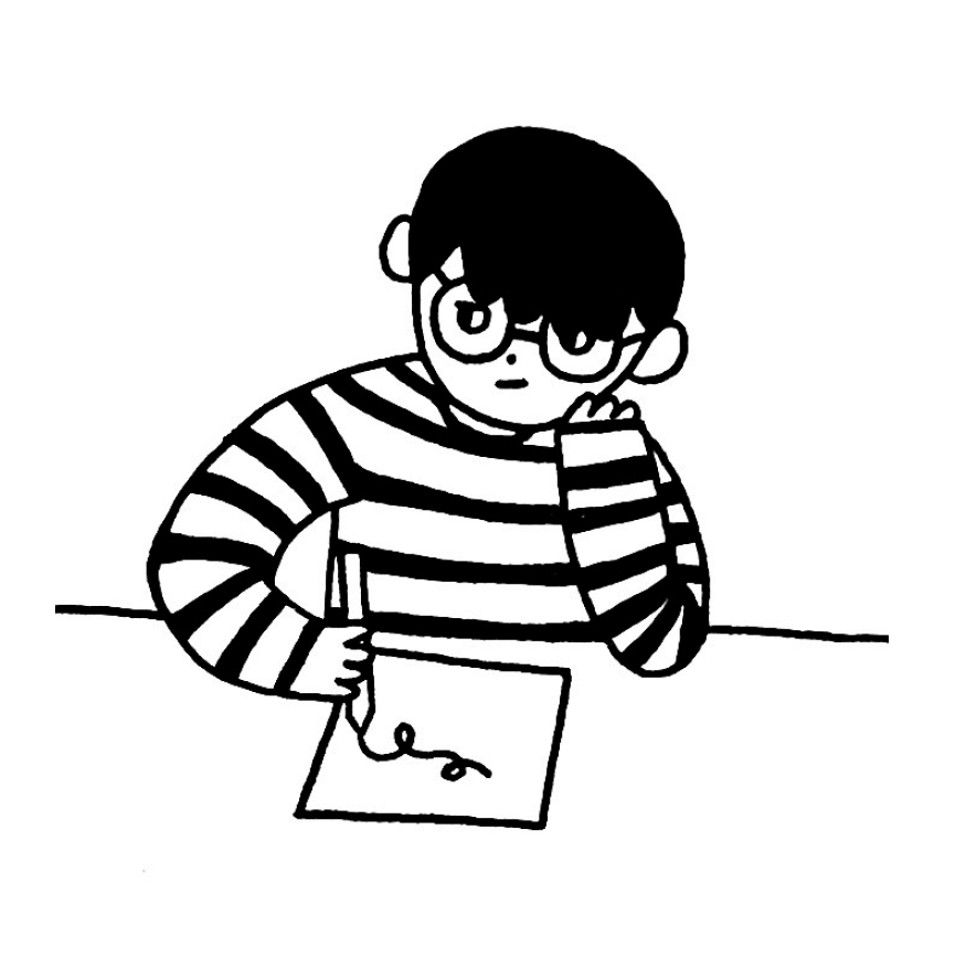 A black and white illustration of a man writing on a piece of paper