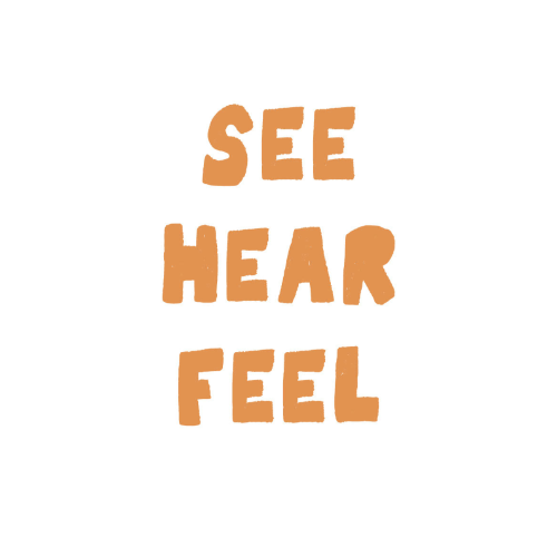 Orange text reading See, Hear, Feel in orange letters