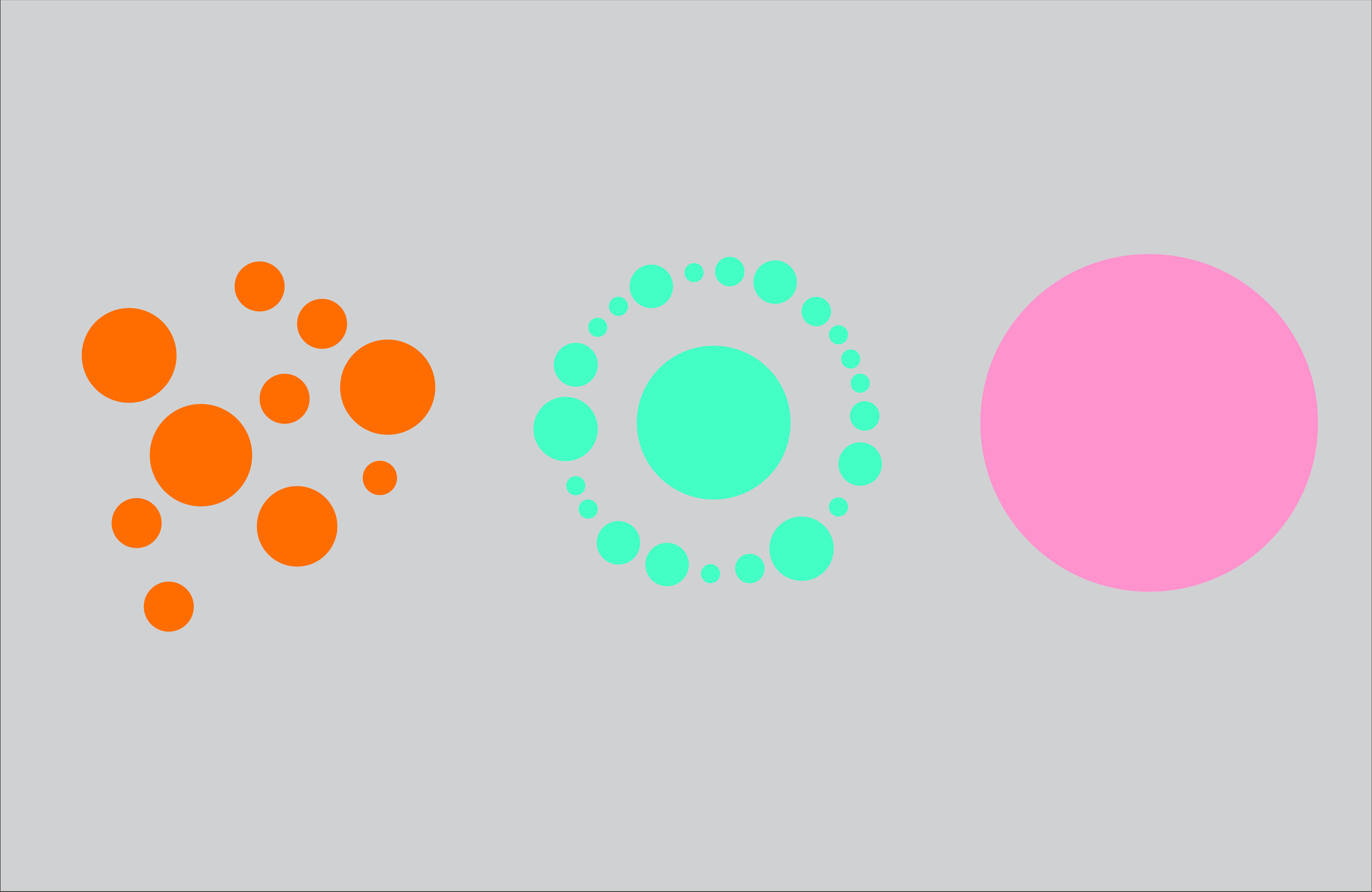 A grey background with orange, turquoise and pink circles