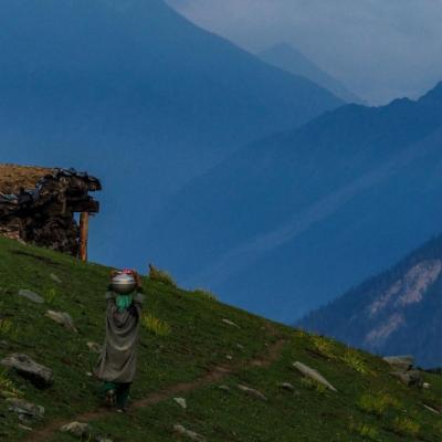 Woman carrying water on the side of a mountain in the Kashmir region next to a small wooden hut