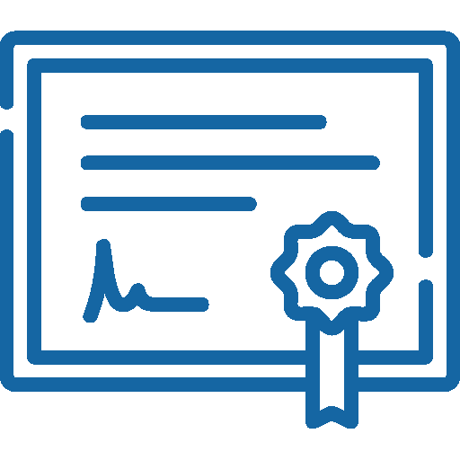 A blue outline of a certificate with a rosette on it