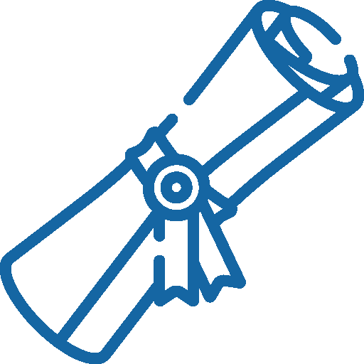 A blue outline of a diploma rolled up with a ribbon around it