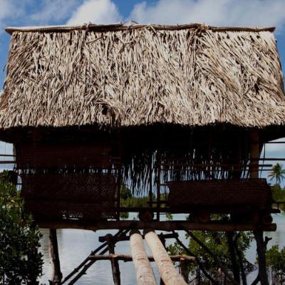 Wooden fishing hut over blue sea with tropical trees in the background