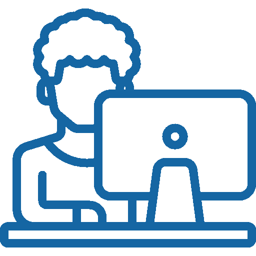 A blue outline of a person sitting at a computer