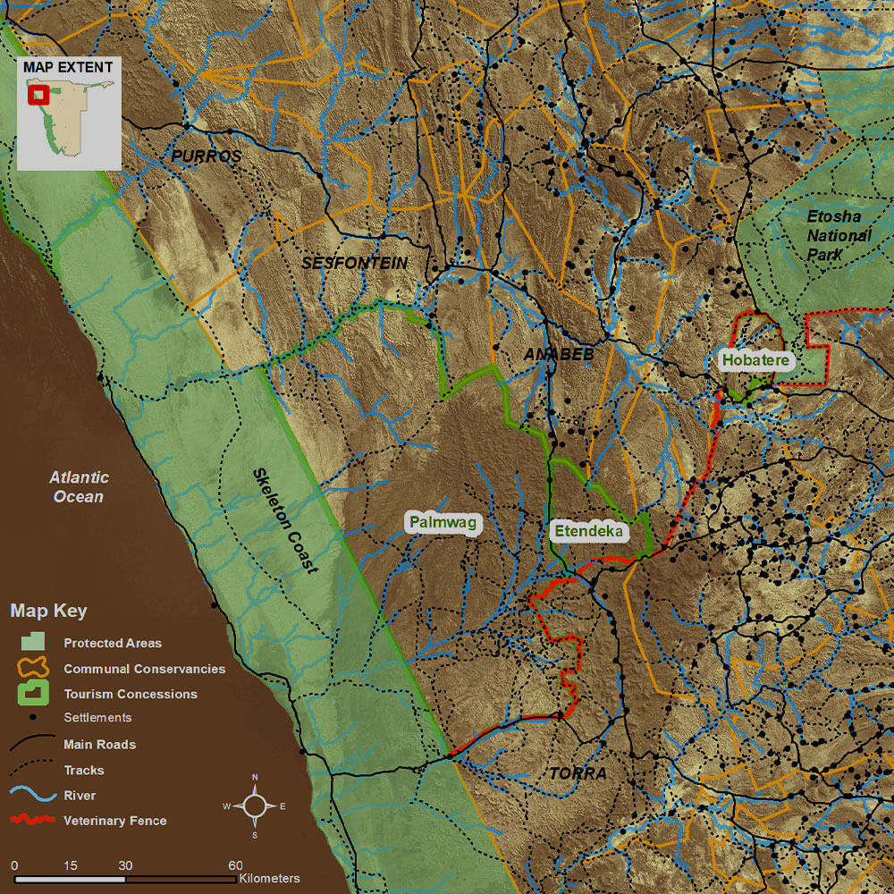 Map showing boundaries of current tourism concessions, surrounding communal area conservancies and state protected areas in southern Kunene Region, west Namibia.