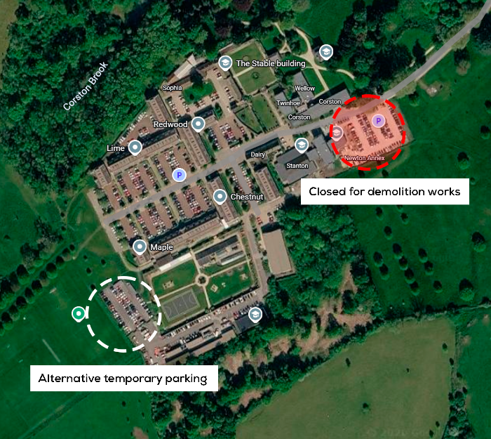 An aerial satellite view of Newton Park Campus showing the closure of the first car park area and indicating the location of an alternative parking option behind the walled garden, near the playing fields