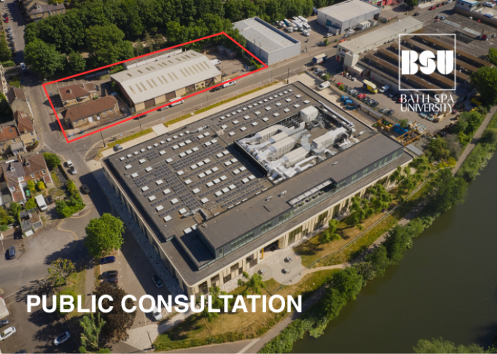 An aerial view of Locksbrook Road showing a proposed redevelopment site in red, text on the image reads: Public Consultation and has the University's logo on it.