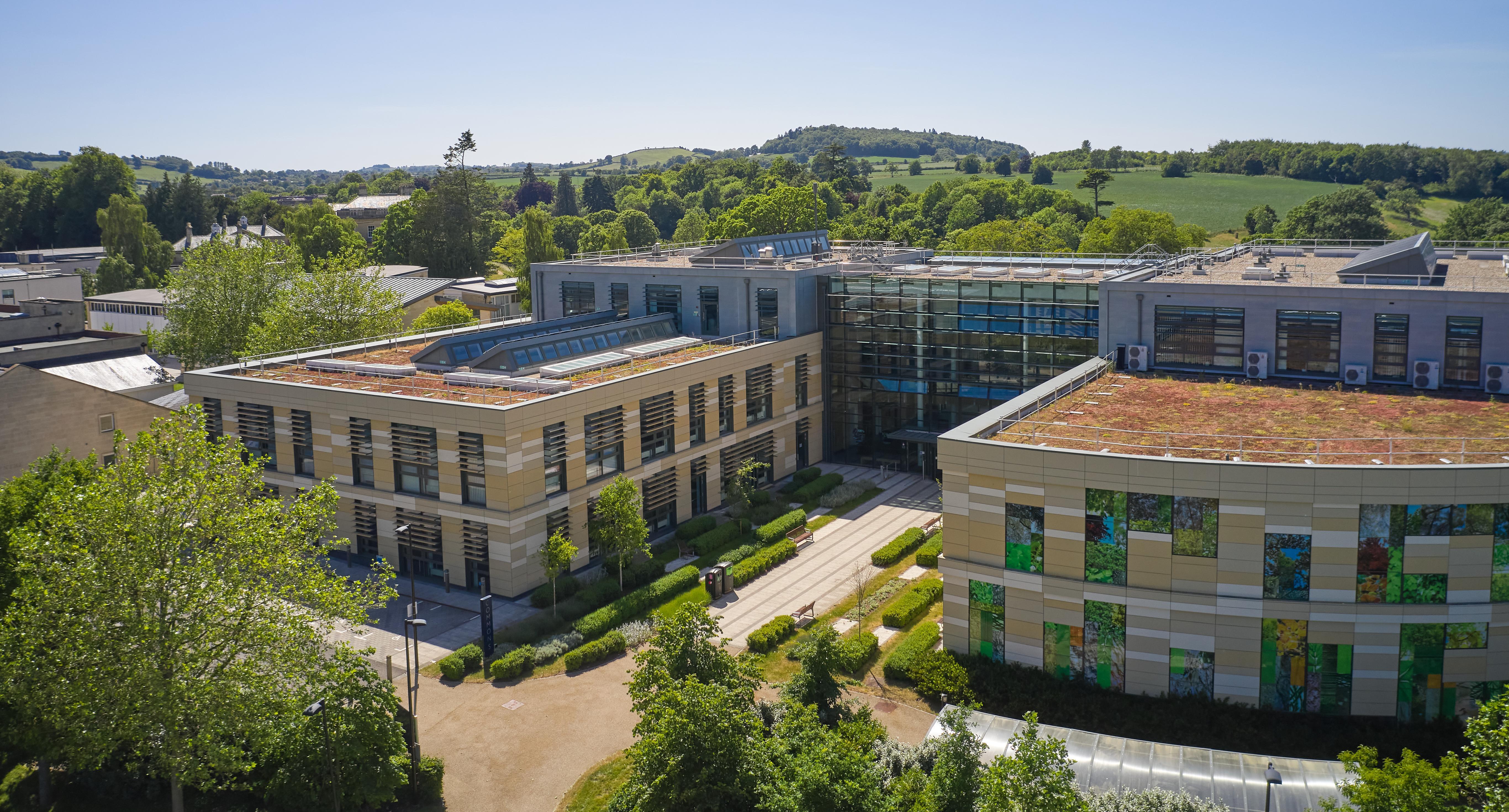 An aerial shot of a rural university campus