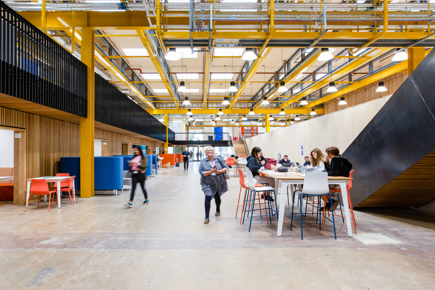 A large industrial building with students milling around