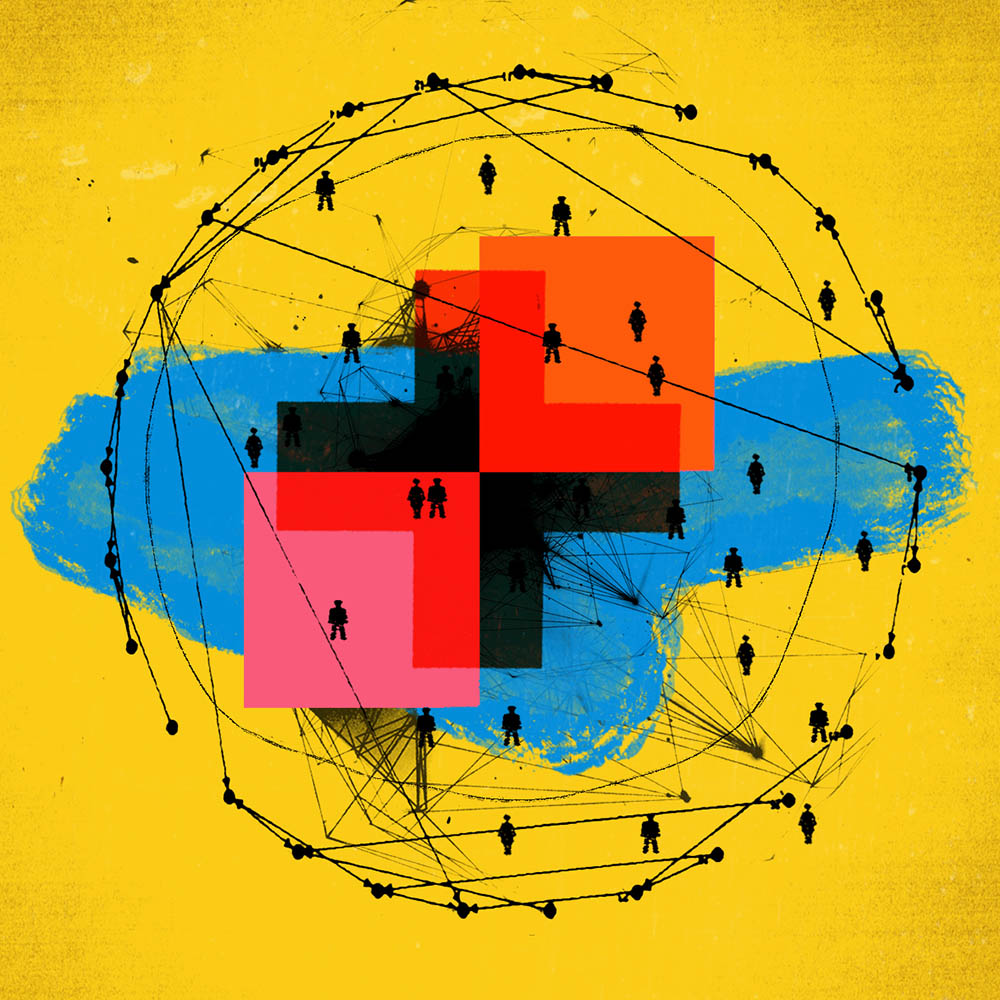 Abstract blue and orange designs on a yellow background
