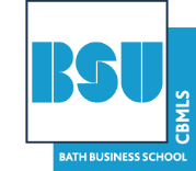 A blue and white logo with text that reads BSU, Bath Business School, CMBLS on two overlapping coloured squares