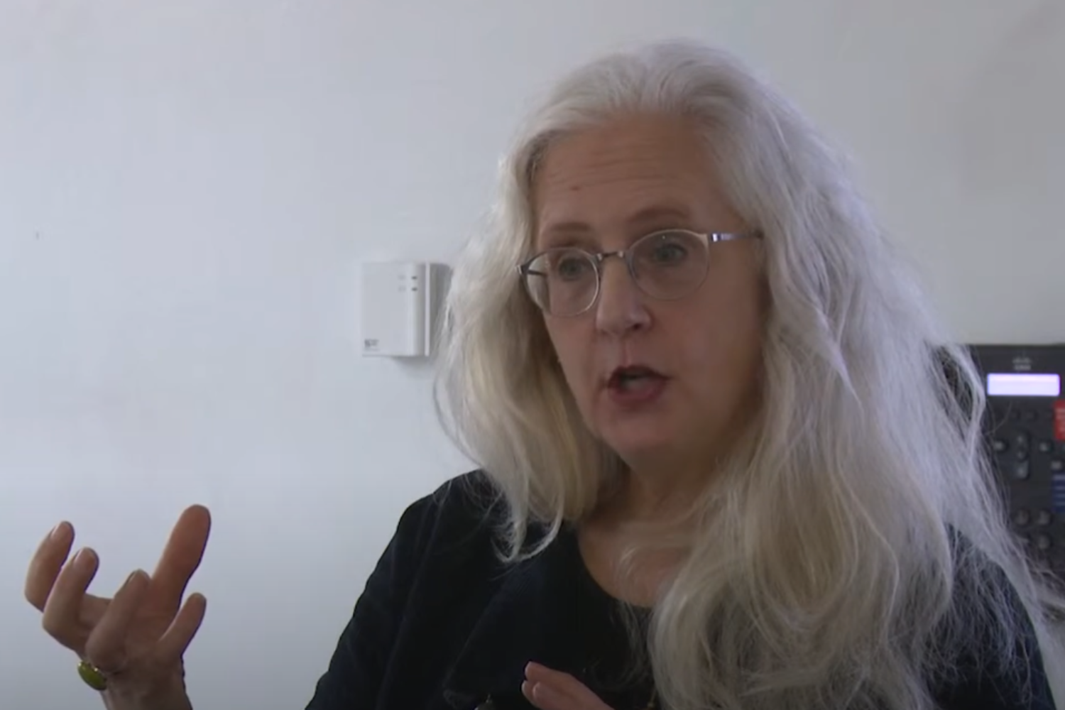 A person with long grey hair speaks to the camera