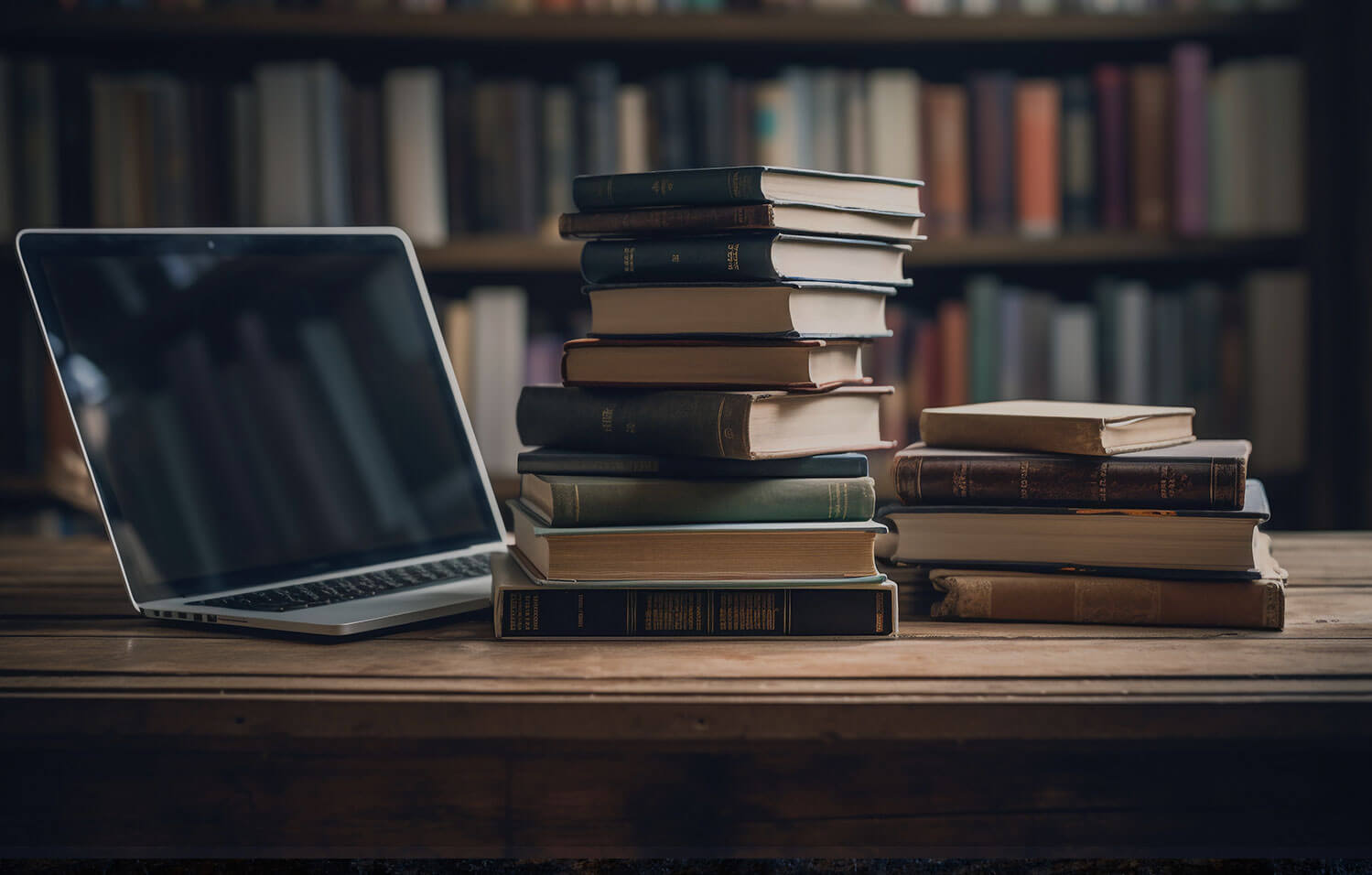 A pile of old library books sits next to an open laptop