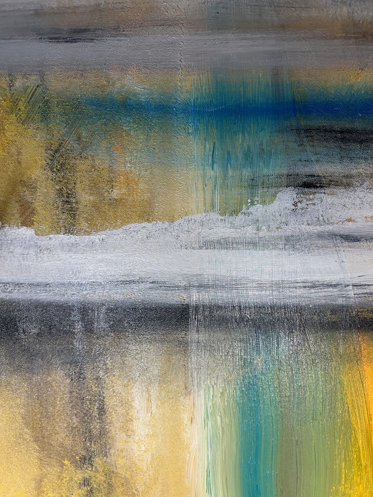 Abstract artwork in shades of teal, ochre and grey