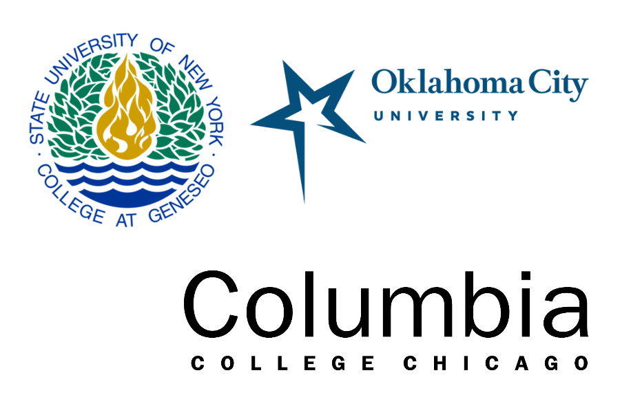 Logos from international partners including Columbia College Chicago, Oklahoma City University and SUNY Geneso. 