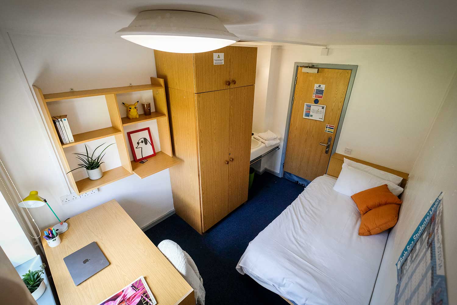 A wide angle shot of a student bedroom