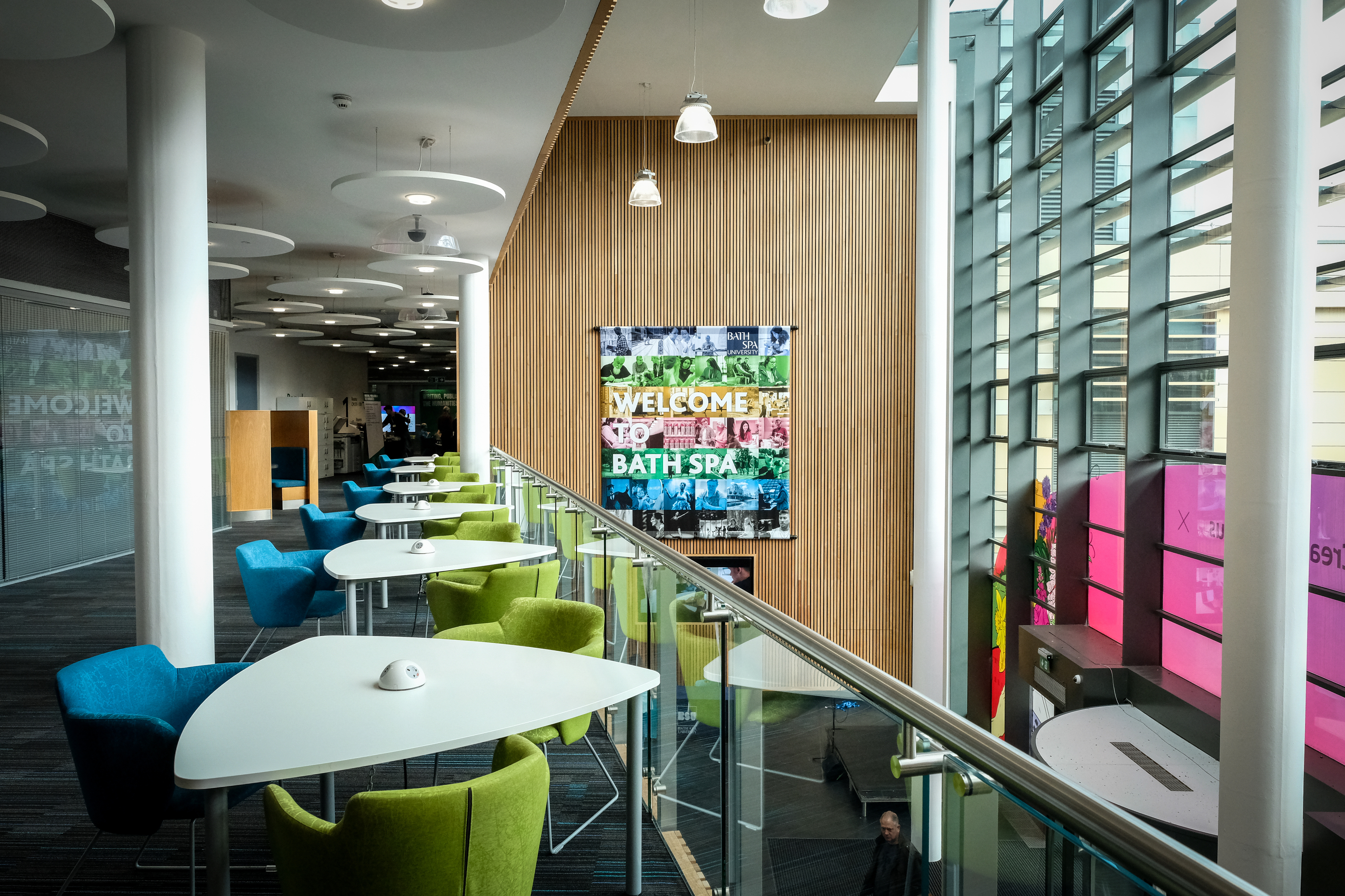The mezzanine level of a large open-plan building
