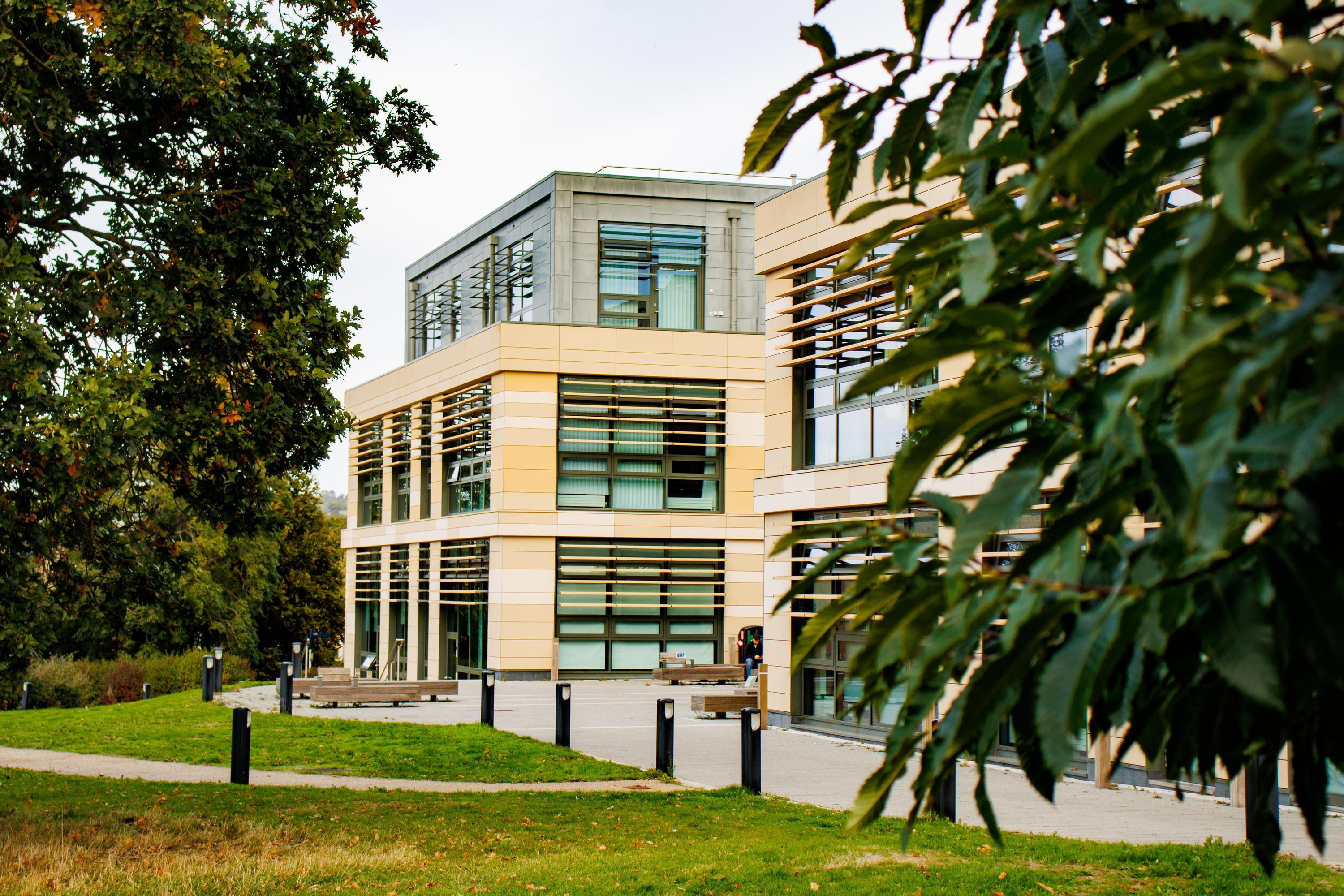 A modern geometric building surrounded by trees