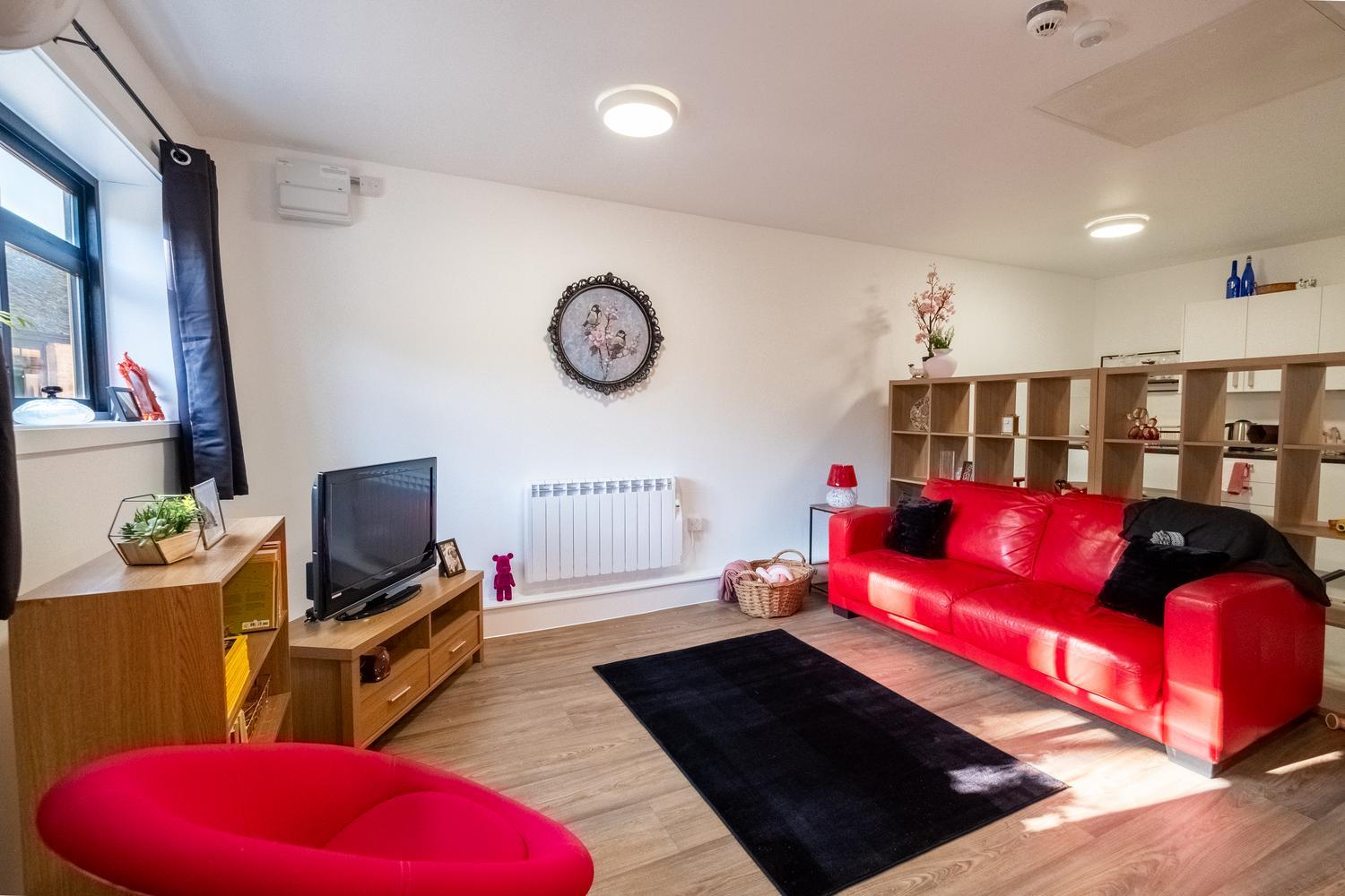 A living room set up with a red sofa, armchair and a dark coloured rug