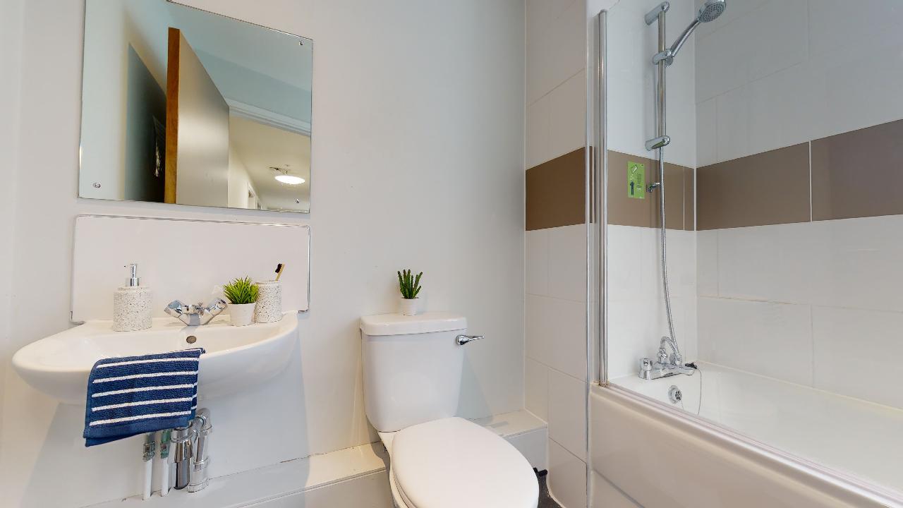 A basic bathroom with toilet, shower and sink