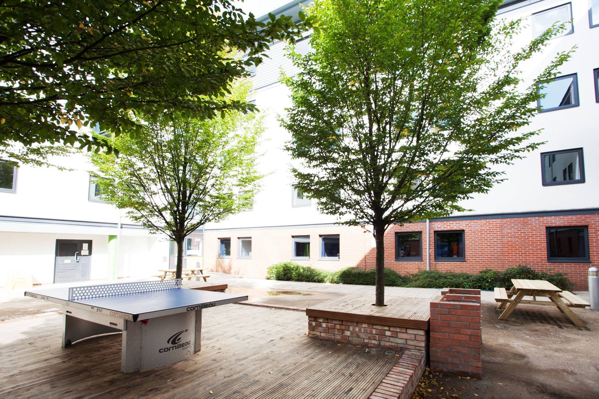 An external view of student accommodation blocks with a table tennis table underneath the trees