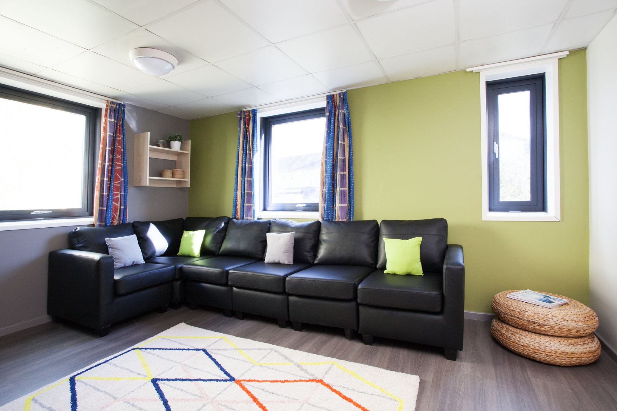 A large communal seating area in a student kitchen