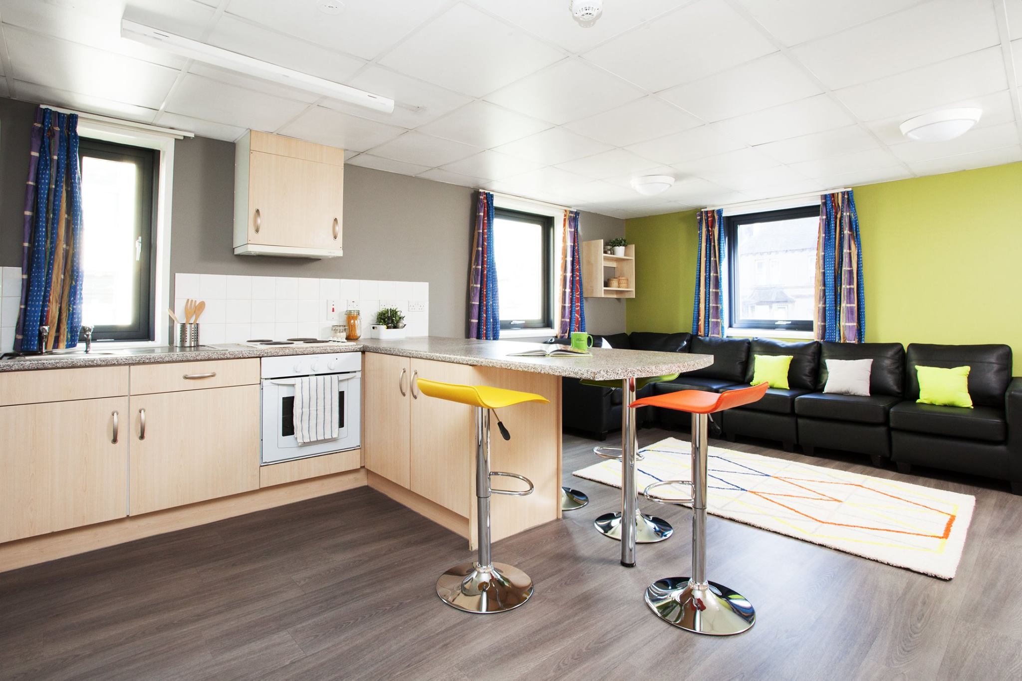 A large communal seating area in a student kitchen