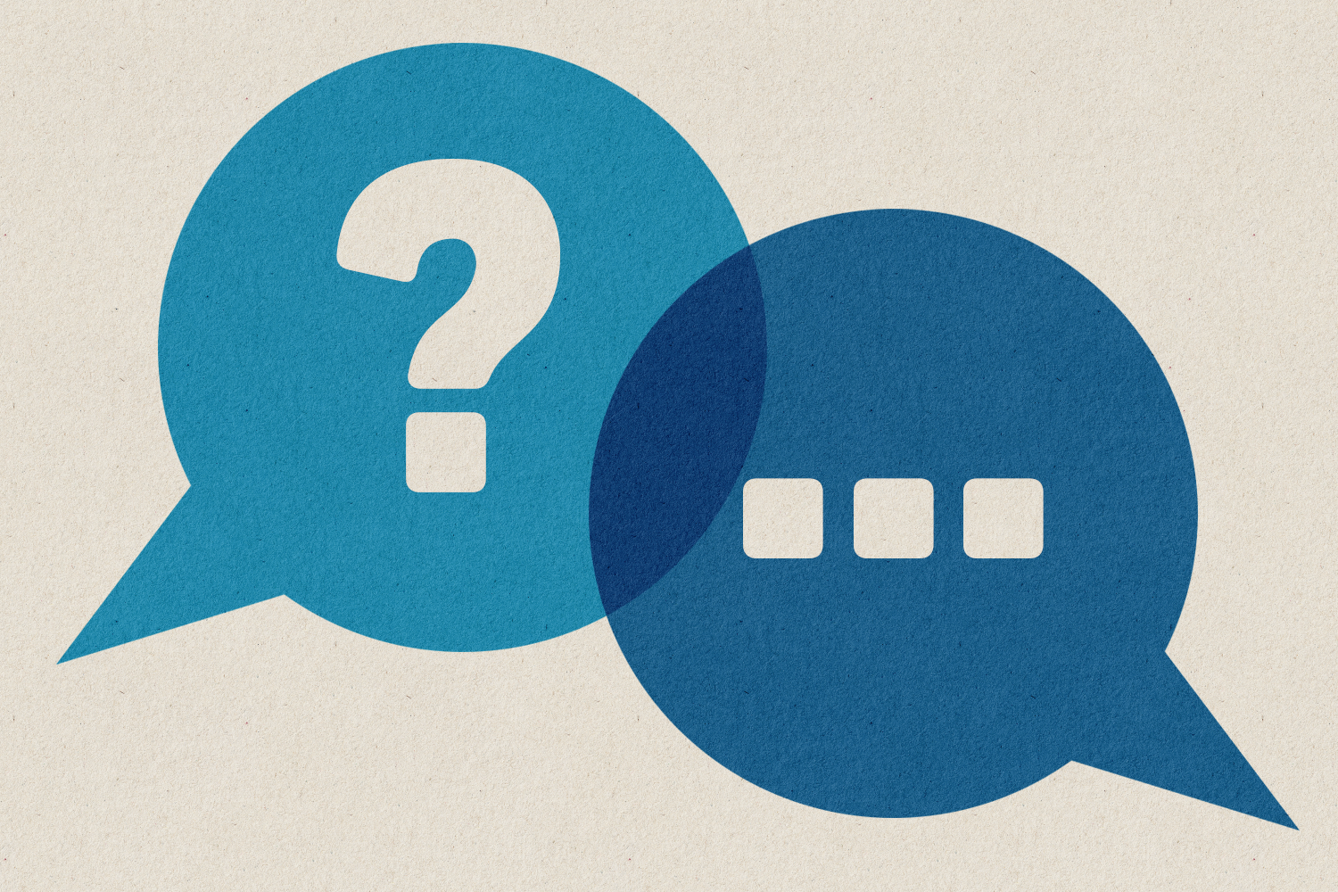 A picture of two speech bubbles indicating a discussion. The bubble on the left features a question mark, the one on the right features an ellipsis.