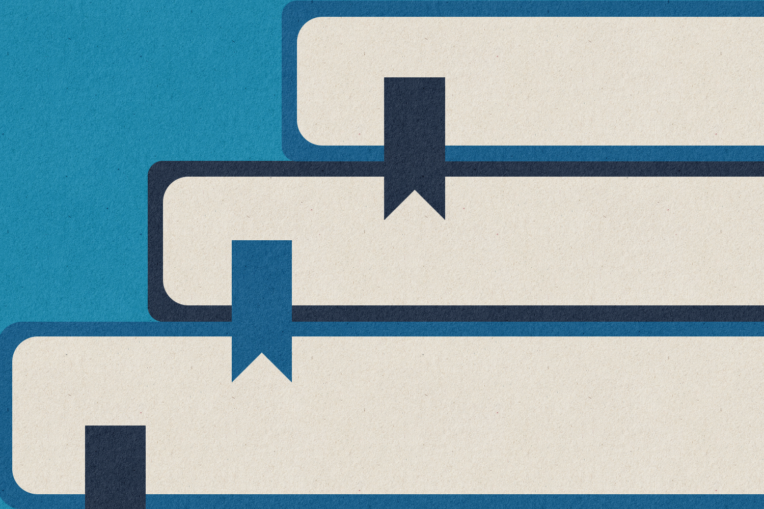 A cartoon image showing three stacked books with bookmarks dangling out of them.