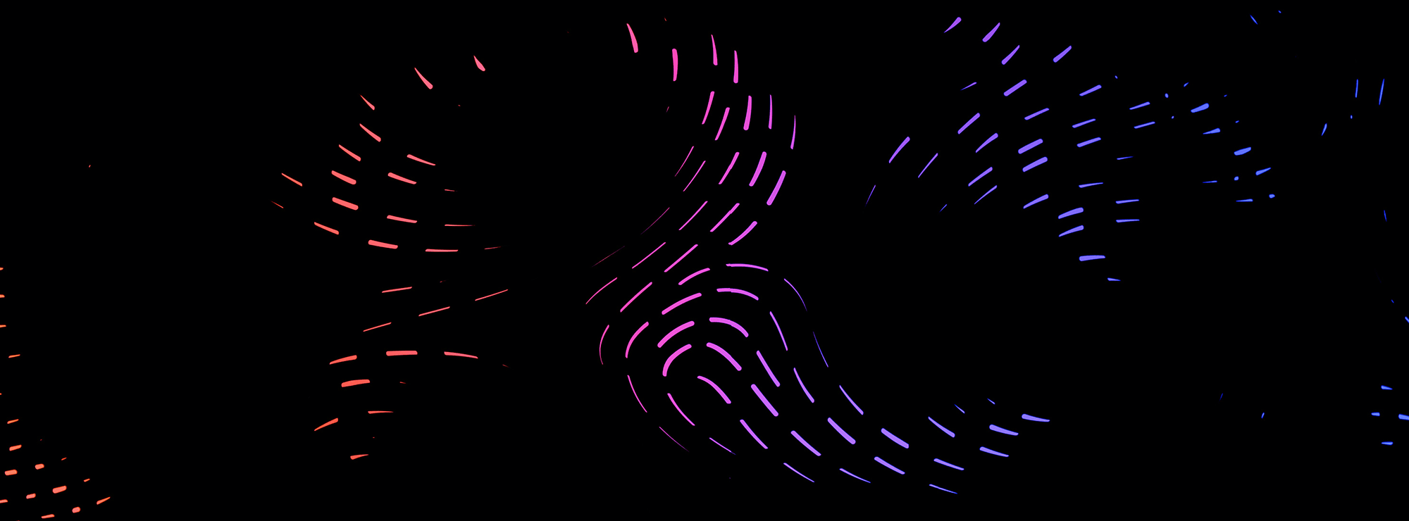 A graphic of multicoloured dashes in swirls on a black background.