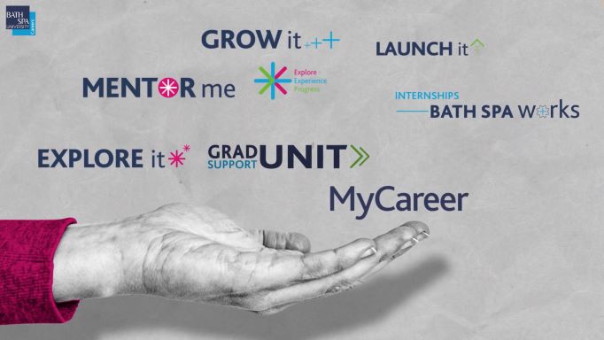 A hand is outstretched - palm towards the ceiling. Above it are phrases relating to the work of the careers team.