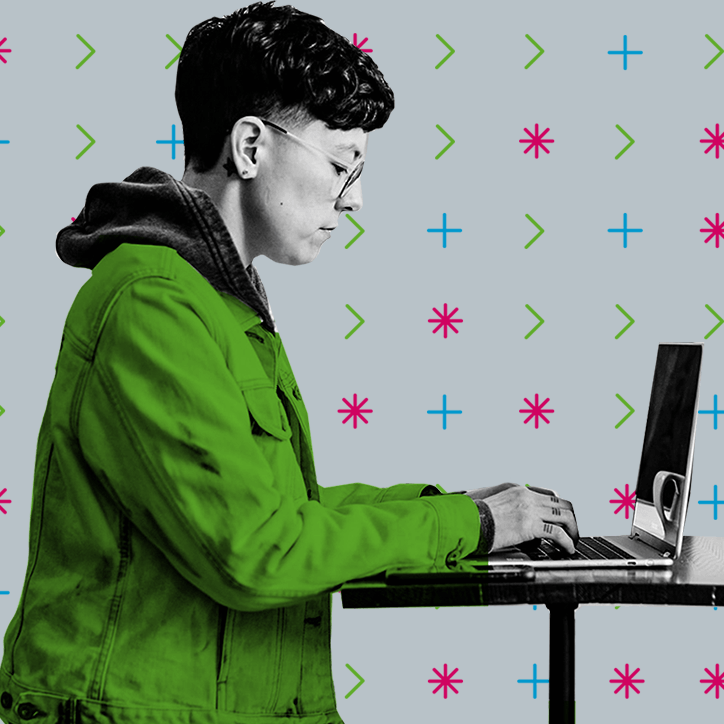 Stylised photo graphic of student at a laptop