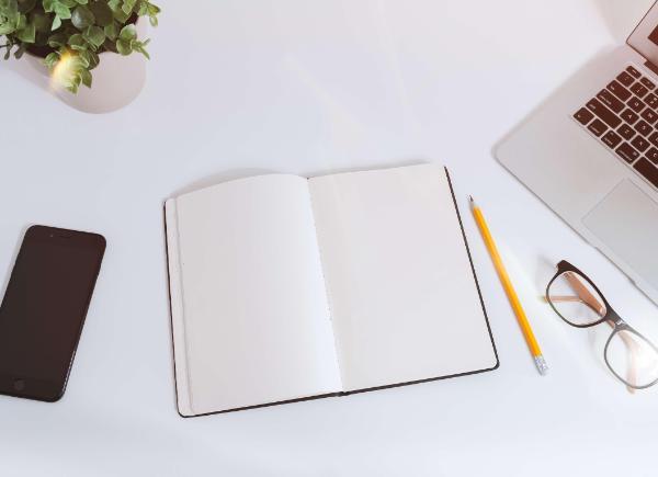 Notebook on a desk with macbook and plant