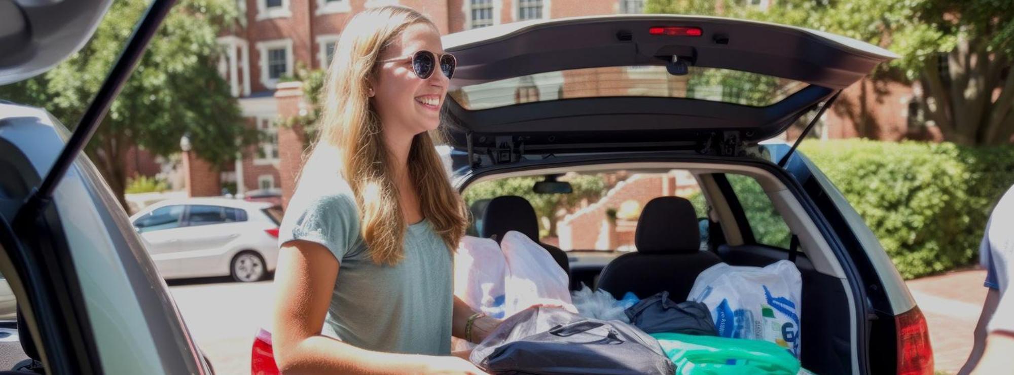 A female student unpacks her belongings from a car