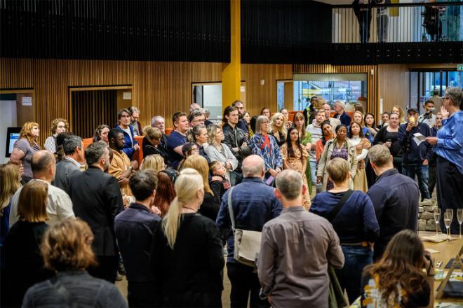 People milling around at the MA Degree Show